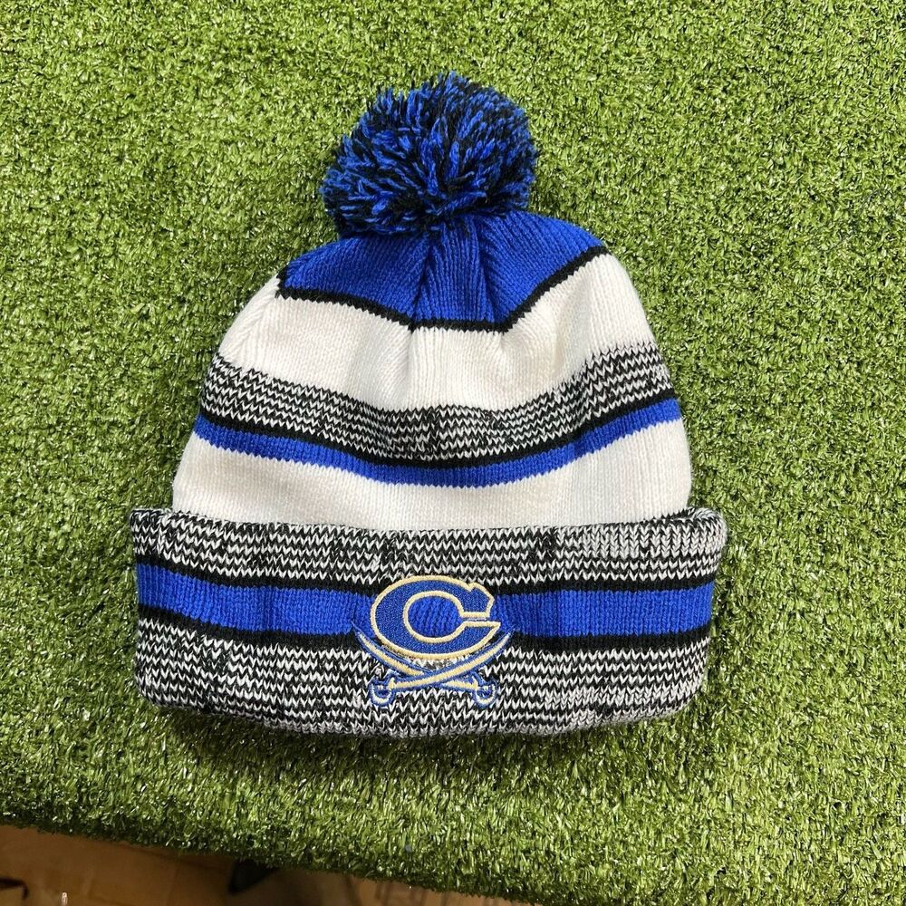 Unbranded C Logo Pom Beanie Hat Blue White Black Striped